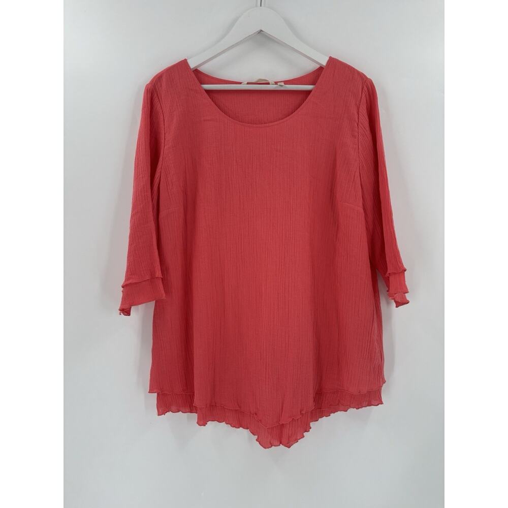 Soft Surroundings Blouse Womens Large Pink Chiffon 100% Cotton Ruffle 3/4 Sleeve